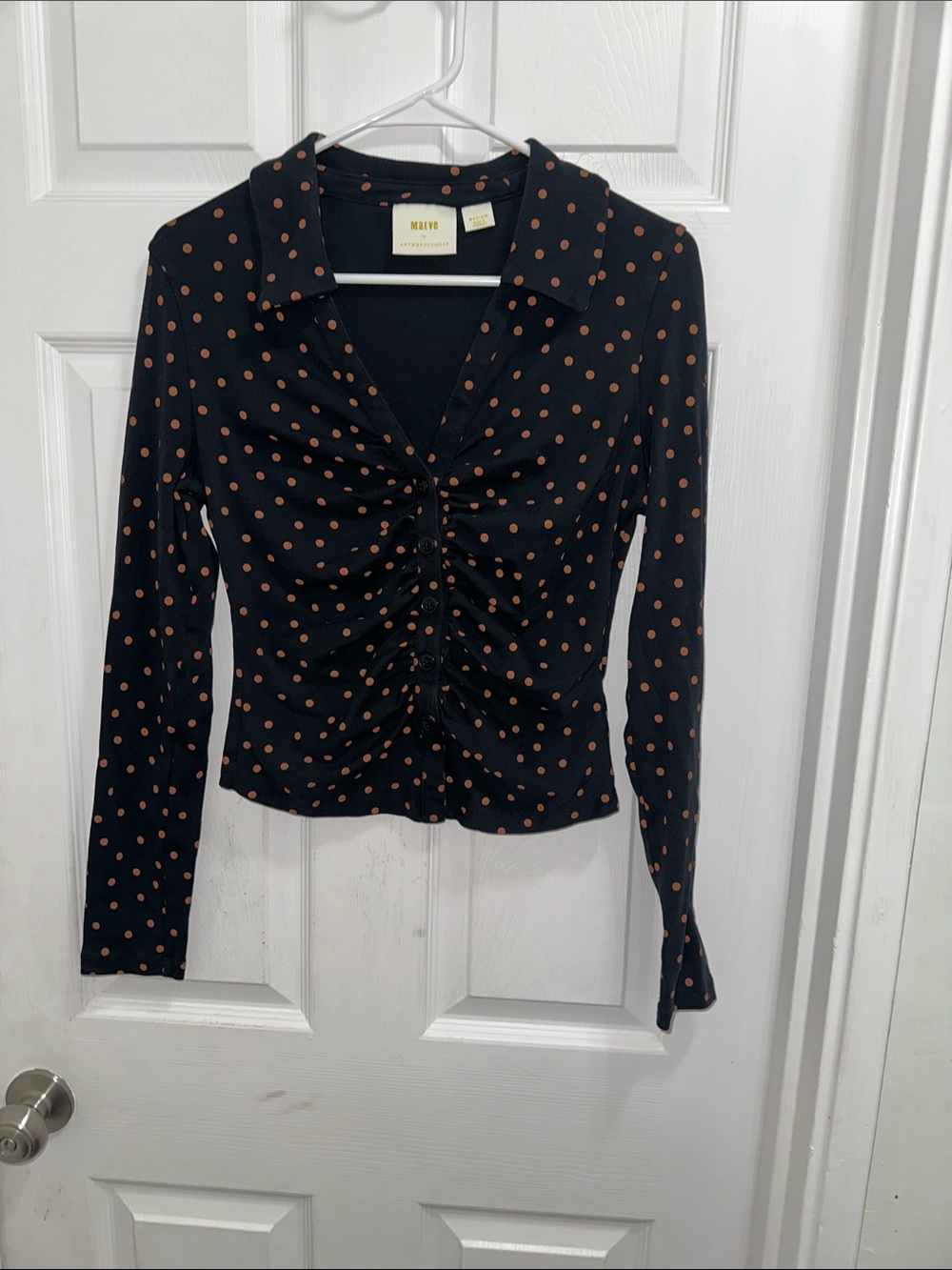 Maeve By Anthropologie Black Long-Sleeve Ruched Polka Dot Blouse